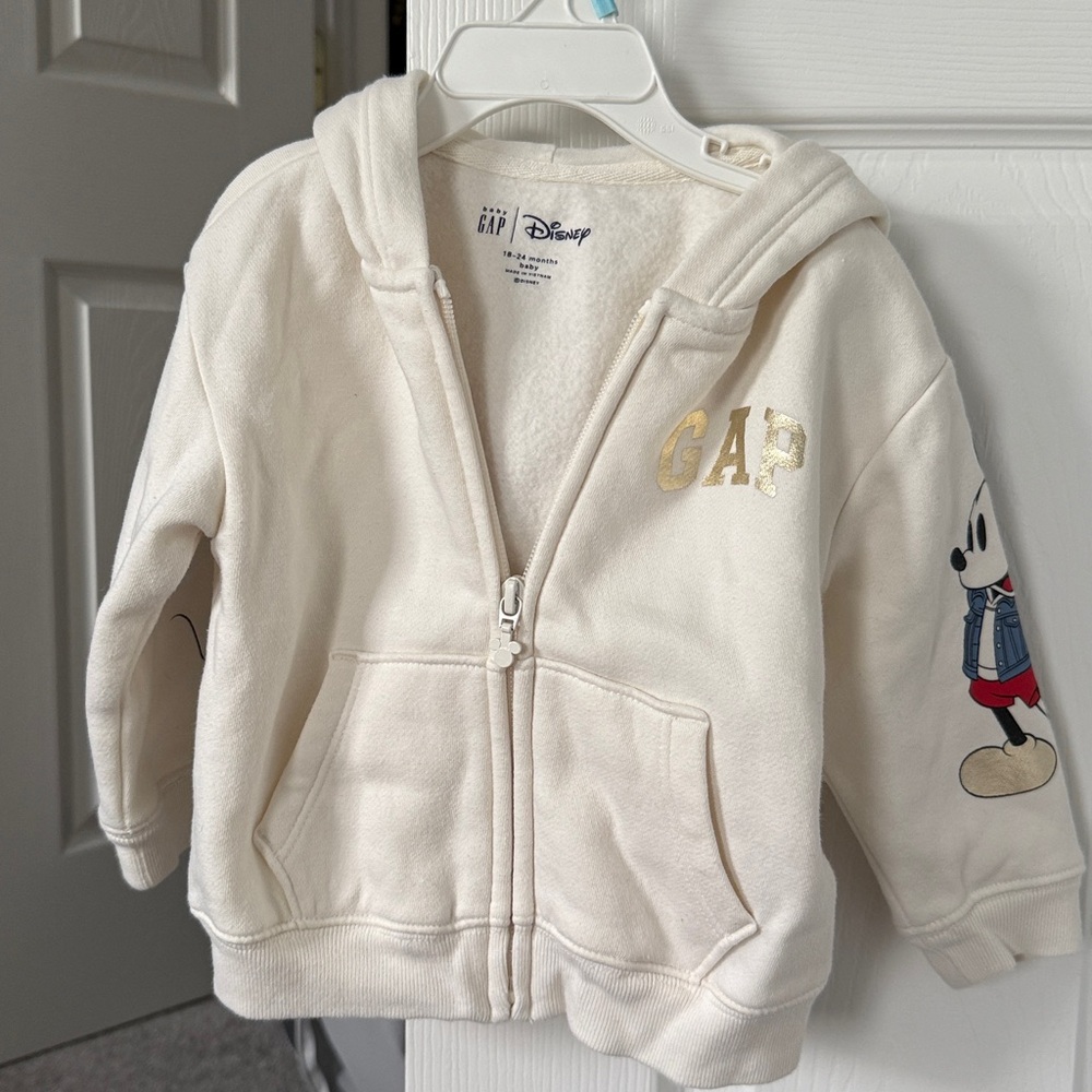 GAP Cream Hoodie with Mickey Mouse and Gold Logo